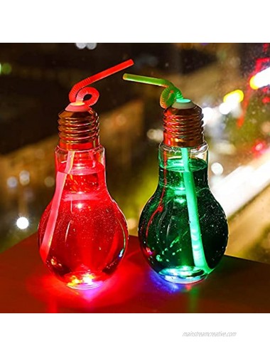 5PC Flashing LED Light Bulb cup for drinks with straw and Sealing Caps,Plastic light bulb Bottle perfect for kids Party & Party favors 500 ml- 5pcs