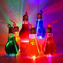 5PC Flashing LED Light Bulb cup for drinks with straw and Sealing Caps,Plastic light bulb Bottle perfect for kids Party & Party favors 500 ml- 5pcs
