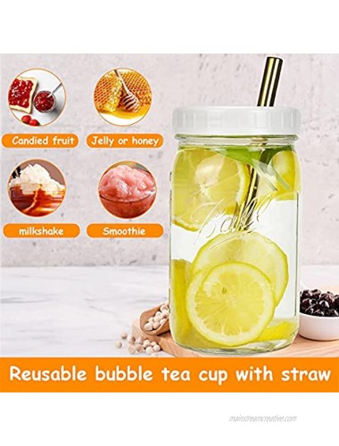 Bedoo Bubble Tea Cups 2 Pack Reusable Wide Mouth Smoothie Cups Iced Coffee Cups With White Lids and Gold Straws Ball Mason Jars Glass Cups Travel Glass Drinking Bottle 32oz Gold Straws