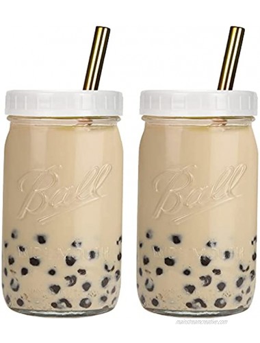 Bedoo Bubble Tea Cups 2 Pack Reusable Wide Mouth Smoothie Cups Iced Coffee Cups With White Lids and Gold Straws Ball Mason Jars Glass Cups Travel Glass Drinking Bottle 32oz Gold Straws
