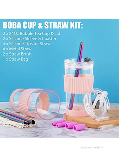 Boba Cup Reusable Bubble Tea Cup Smoothie Cups 18Oz Glass Boba Tumbler with Lids & 2 Angled Straw Silicone Sleeve Leakproof Drinking Bottle Juicing Travel Mug for Large Pearl Water Iced Coffee