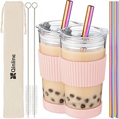 Boba Cup Reusable Bubble Tea Cup Smoothie Cups 18Oz Glass Boba Tumbler with Lids & 2 Angled Straw Silicone Sleeve Leakproof Drinking Bottle Juicing Travel Mug for Large Pearl Water Iced Coffee