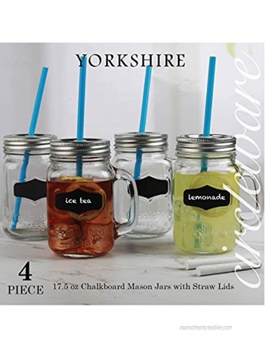 Circleware Yorkshire Mason Jar Drinking Mugs with Glass Handles Fun Chalkboard Metal Lids and Hard Plastic Blue Straws Set of 4 17.5 ounce Clear
