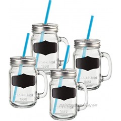 Circleware Yorkshire Mason Jar Drinking Mugs with Glass Handles Fun Chalkboard Metal Lids and Hard Plastic Blue Straws Set of 4 17.5 ounce Clear