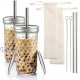 COAWG Reusable Smoothie Cups Boba Tea Cups with Lid and Straw,Bubble Tea Cup Glass Tumbler Travel Mug Wide Mouth Mason Jar Cups 2-pack 24 oz