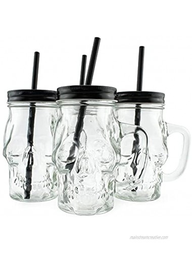 Darware Skull Mason Jar Mugs Set of 4; Clear 12oz Glasses with Reusable Straws