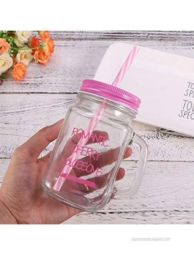 DOITOOL Mason Jar Drinking Mug 500ML Smoothie Cup Glass Juice Tumbler with Lid Handle and Straw for Juice Milk Cold Water Beverages Pink