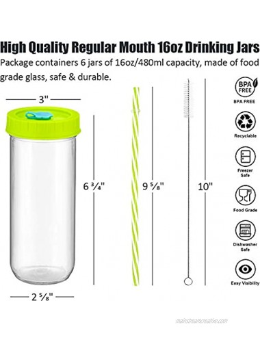 Glass Drinking Bottle Travel Drinking Jars 6 Pack 16oz Mason Jars Regular Mouth Beverage Bottle with Airtight Lids &Straws Reusable Water Bottle Skinny Tumbler for Juice Smoothies, Kombucha Tea Milk
