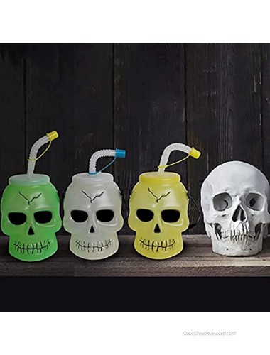 Halloween Skull Cup Skull Tumblers,Drinking Jars with lids and straws,Includes three colors of green white and yellow Skull Travel Mug3pcs，3.5inch x5inch Halloween party supplies decoration