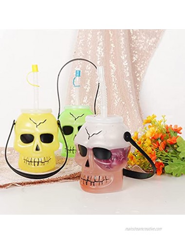 Halloween Skull Cup Skull Tumblers,Drinking Jars with lids and straws,Includes three colors of green white and yellow Skull Travel Mug3pcs，3.5inch x5inch Halloween party supplies decoration