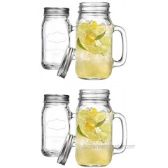 Mason Glass Drinking Mugs with Handle & Tin Lids set of 4 Gift Idea For Coffee Juice Punch,Water Desserts Small Cakes or Any Beverage 16oz. Comes Perfectly Boxed