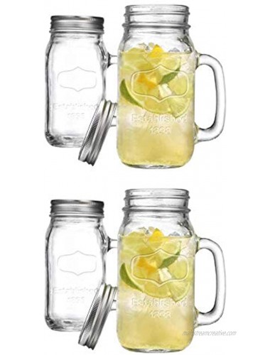 Mason Glass Drinking Mugs with Handle & Tin Lids set of 4 Gift Idea For Coffee Juice Punch,Water Desserts Small Cakes or Any Beverage 16oz. Comes Perfectly Boxed