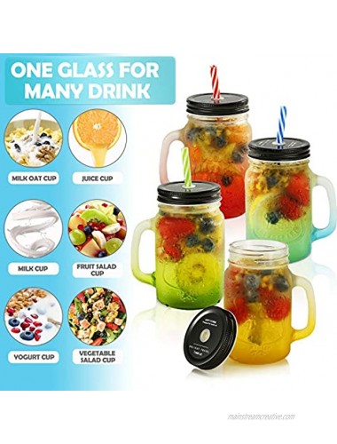 Mason Jar Cups with Handle 16OZ,Mason Jar Drinking Glasses with Lids and Straws,Glass Mason Jar Mugs with 4 Straw Hole Lids 4 Straw Cleaner Brushes 8 Plastic Straws,Smoothies Juicing Cups,Set of 4