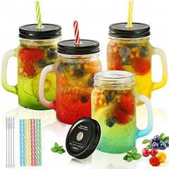 Mason Jar Cups with Handle 16OZ,Mason Jar Drinking Glasses with Lids and Straws,Glass Mason Jar Mugs with 4 Straw Hole Lids 4 Straw Cleaner Brushes  8 Plastic Straws,Smoothies Juicing Cups,Set of 4