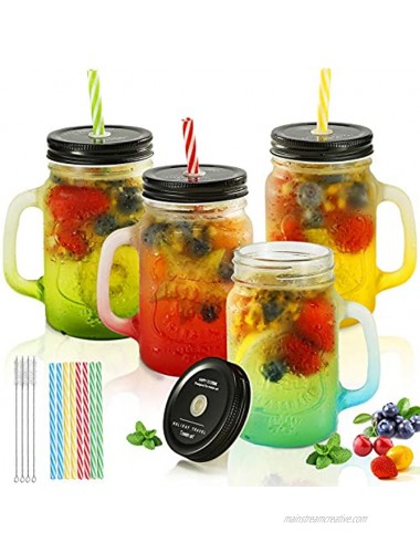 Mason Jar Cups with Handle 16OZ,Mason Jar Drinking Glasses with Lids and Straws,Glass Mason Jar Mugs with 4 Straw Hole Lids 4 Straw Cleaner Brushes 8 Plastic Straws,Smoothies Juicing Cups,Set of 4