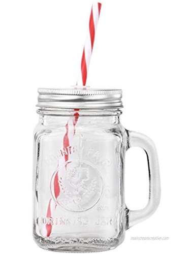 Mason Jar Mugs with Handle SILVER Lid and Plastic Straws. 16 Oz. Each. Old Fashion Drinking Glasses Pack of 4. By Premium Vials