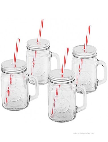 Mason Jar Mugs with Handle SILVER Lid and Plastic Straws. 16 Oz. Each. Old Fashion Drinking Glasses Pack of 4. By Premium Vials