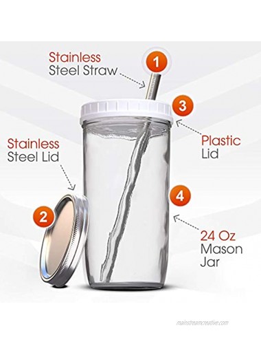 Reusable Boba Bubble Tea & Smoothie Cups 2 Wide Mouth Smooth-Sided Jars 24oz with Leak Proof Lids 2 Reusable Silver Stainless Steel Boba Straws Brand Capsule Classic