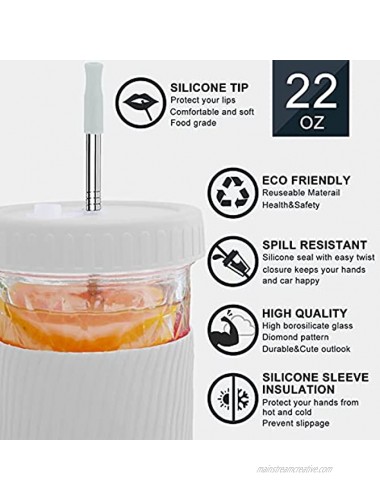 Reusable Smoothie Cup Boba Tea Cup Mason Jars with Stainless Steel Straw Silicone Tips Straw Eco Friendly ,Wide Mouth Mason Jars Tumbler Lids Leakproof 2 Packs