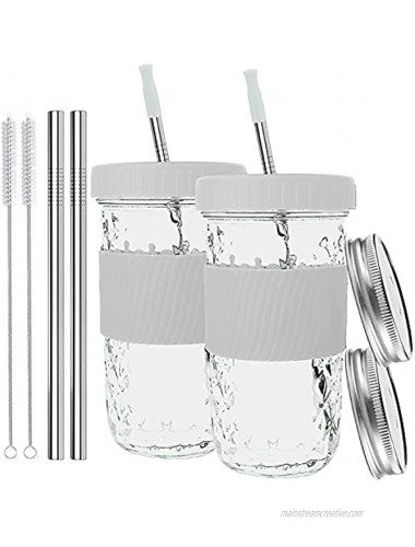 Reusable Smoothie Cup Boba Tea Cup Mason Jars with Stainless Steel Straw Silicone Tips Straw Eco Friendly ,Wide Mouth Mason Jars Tumbler Lids Leakproof 2 Packs