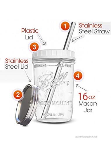 Reusable Wide Mouth Smoothie Cups Boba Tea Cups Bubble Tea Cups with Lids and Silver Straws Ball Mason Jars Glass Cups 2-pack 16 oz mason jars Brand Capsule Classic