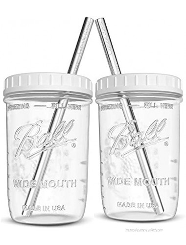 Reusable Wide Mouth Smoothie Cups Boba Tea Cups Bubble Tea Cups with Lids and Silver Straws Ball Mason Jars Glass Cups 2-pack 16 oz mason jars Brand Capsule Classic