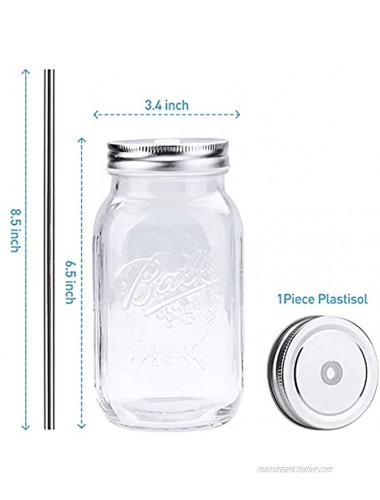 Smoothie Cups Glass Mason Drinking Jar 16oz Smoothie Cups with Lid and Stainless Steel Straw Regular Mouth Mason Jars Drinking Mugs Tea Cup Travel Mug Ideal for Juice Milk Pack Of 2 Clear