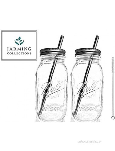 Smoothie Cups Mason Drinking Jar Regular Mouth Authentic Glass Ball Mason Jars 32 oz Smoothie Cups with Lid and Stainless Steel Straw 2-Silver 100% Eco Friendly by Jarming Collections 2