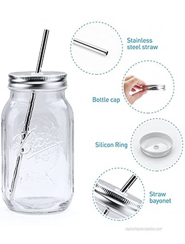 Smoothie Cups with Lids and Straws 24oz Ice Coffee Cup Glass Mason Jar Cups Mason Jar Drinking Glasses Regular Mouth Mason Jars Drinking Mugs Tea Cup Travel Mug Ideal for Juice Milk 2 Pack