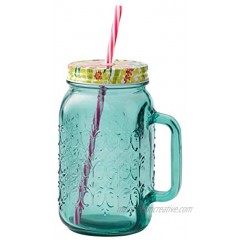 The Pioneer Women Sunny Days Teal Drinking Glass with Straw and Lid Mason jar