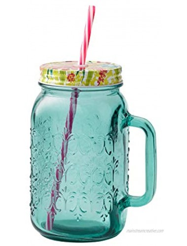 The Pioneer Women Sunny Days Teal Drinking Glass with Straw and Lid Mason jar