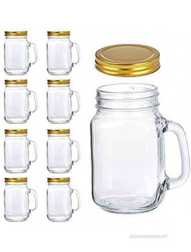 TinQee 9 Pack of 16oz Mason Jars Mug with Handles Old Fashion Driking Glass Jars with Golden Lids for Party