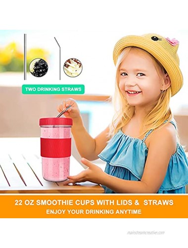 Wide Mouth Mason Jars Cups 2 Pack Reusable Smoothie Cups with Lids and Straws Boba Cup Large Glass Tumbler Mason Jar Sippy Cup Travel Mug Food Storage Container for Smoothie Juices Jam Boba Tea 22oz