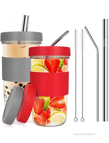 Wide Mouth Mason Jars Cups 2 Pack Reusable Smoothie Cups with Lids and Straws Boba Cup Large Glass Tumbler Mason Jar Sippy Cup Travel Mug Food Storage Container for Smoothie Juices Jam Boba Tea 22oz