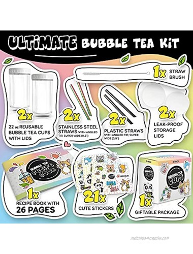 2-Pack Reusable Bubble Tea Cup Set – 22oz Glass Boba Tea Cups with Lids & Straws – Bubble Tea Gift Set Includes Recipe Book & Stickers Reusable Boba Cup for Milk Tea & Smoothie & Iced Coffee