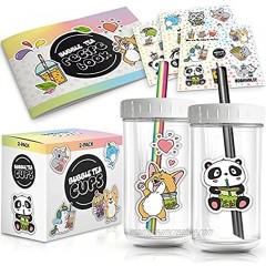 2-Pack Reusable Bubble Tea Cup Set – 22oz Glass Boba Tea Cups with Lids & Straws – Bubble Tea Gift Set Includes Recipe Book & Stickers Reusable Boba Cup for Milk Tea & Smoothie & Iced Coffee