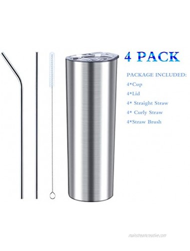 20 Oz Skinny Tumbler Set of 4 Slim Insulated Stainless Steel Travel Tumbler with Lid and Straw Skinny Water Tumbler for Diy Birthday Gift Silver