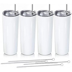 20oz Skinny Tumbler Cup 4 Pack Stainless Steel Double Wall Insulated Skinny Tumbler Classic Vacuum Travel Mug with Lids Straws and Brushes