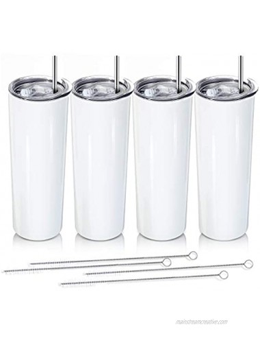 20oz Skinny Tumbler Cup 4 Pack Stainless Steel Double Wall Insulated Skinny Tumbler Classic Vacuum Travel Mug with Lids Straws and Brushes