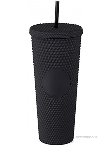 24oz Matte Black Plastic Studded Tumbler Cup Double Wall Plastic Inlaid Rivet Cup with Lid and Straw Matte Black