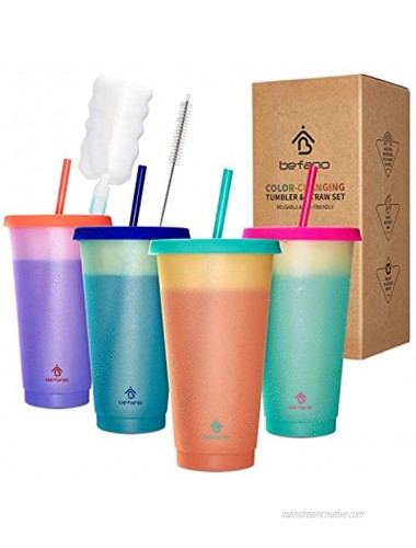 Befano Color Changing Cups 24oz Reusable Plastic Cold Drink Cups with Lids and Straws BPA Free Adult Kids Summer Coffee Tumblers Party Cup 4PACK