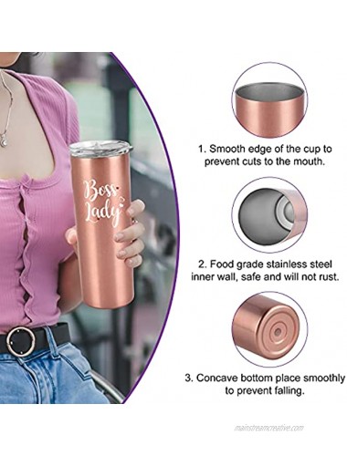 Boss Day Gifts-Boss Lady Skinny Tumbler Boss Lady Gifts for Women Boss Gifts for Boss Lady Boss Female Gag Female Friends on Christmas Birthday 20oz Stainless Steel Tumbler with Lid Rose Gold