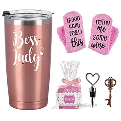 Boss Day Gifts-Boss Lady Travel Tumbler Cupcake Socks Set Funny Gifts for Women Boss Lady Wine Lover Mom Christmas Birthday Stainless Steel Insulated Tumbler with Lid Socks Opener 20oz Rose Gold