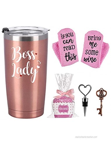 Boss Day Gifts-Boss Lady Travel Tumbler Cupcake Socks Set Funny Gifts for Women Boss Lady Wine Lover Mom Christmas Birthday Stainless Steel Insulated Tumbler with Lid Socks Opener 20oz Rose Gold