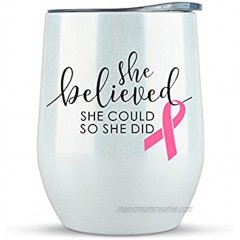 Breast Cancer Awareness Gift Large 12oz GLITTER White Tumbler for Wine or Coffee- Idea for Women Post Surgery Survivor Chemo Glass Care Packages Baskets Chemotherapy Patients