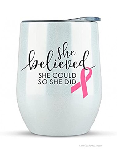 Breast Cancer Awareness Gift Large 12oz GLITTER White Tumbler for Wine or Coffee- Idea for Women Post Surgery Survivor Chemo Glass Care Packages Baskets Chemotherapy Patients