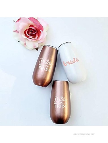Bride to Be Champagne Flute | 6 oz Bride Tribe Stainless Steel Wine Tumblers | Engagement Wedding Gifts Bridesmaids Mugs Bachelorette Party Supplies & Games | Insulated Skinny Rose Gold Cups