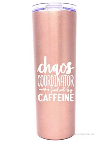 Cute Fun Unique Tumblers for Women Double Walled Vacuum Sealed Stainless Steel 20 oz Tumbler Great Gift for Women Bosses Coworkers Mom Wife Chaos Coordinator Caffeine Rose Gold