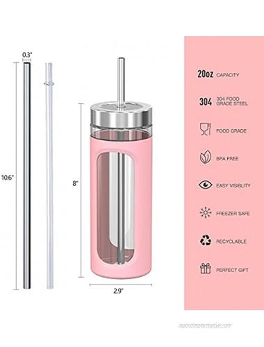 Glass Tumbler with Straw and Lid 20oz Glass Water Bottle Silicone Protective Sleeve BPA FREE Pink with Reusable Metal Straw