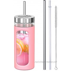 Glass Tumbler with Straw and Lid 20oz Glass Water Bottle Silicone Protective Sleeve BPA FREE Pink with Reusable Metal Straw